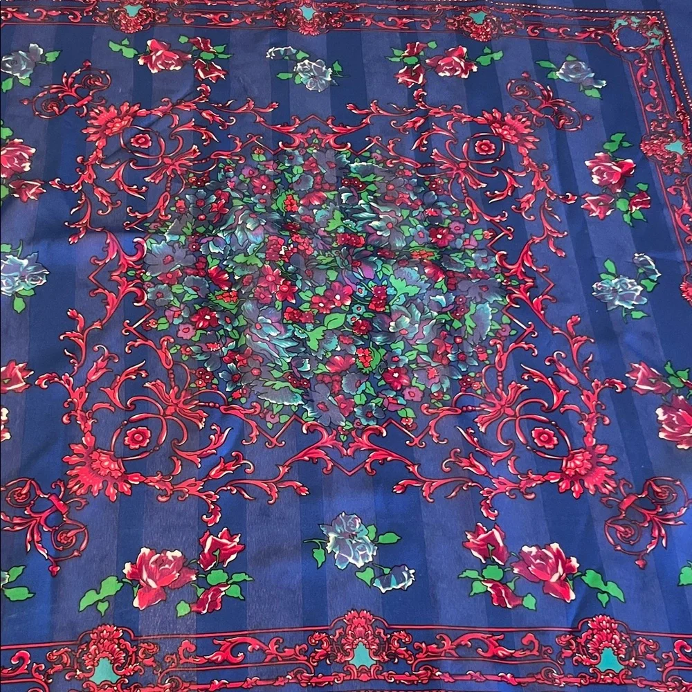 Vintage Floral Blue and Red Scarf 30.5 X 30 inches